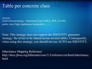 Table per concrete class
@Entity
@Inheritance(strategy = InheritanceType.TABLE_PER_CLASS)
public class Flight implements Serializable { ... }
Note: This strategy does not support the IDENTITY generator
strategy: the id has to be shared across several tables. Consequently,
when using this strategy, you should not use AUTO nor IDENTITY.
Inheritance Mapping Reference:
http://docs.jboss.org/hibernate/core/3.3/reference/en/html/inheritance.
html
 
