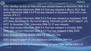 • 2012: Another version of Hibernate was released known as Hibernate ORM 4.1.9.
• 2013: New version Hibernate ORM 4.2 Final was released in March 2013. New
version Hibernate ORM 4.3.0 Final was released on December 2013 with a new
feature JPA 2.1.
• 2015: New version Hibernate ORM 5.0.2 Final was released on September 2015
with some improvements like bootstrapping, hibernate-java8, Karaf support, etc.
• 2017: In November 2017, Hibernate ORM 5.1.17 was released.
• 2018: New version Hibernate ORM 5.3 Final was released in October 2018.
• 2019: New version Hibernate ORM 5.4.0 Final was released in May 2019.
• 2021: Introducing new version ORM 5.5 Jakartha JPA
• 2021: Dropped support of Java assistance performance ORM 5.6
• 2021: Introducing the Performance tuning, Criteria, Type System ORM 6.0
6
History
12/13/2021
 