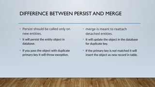 DIFFERENCE BETWEEN PERSIST AND MERGE
• Persist should be called only on
new entities.
• It will persist the entity object in
database.
• If you pass the object with duplicate
primary key it will throw exception.
• merge is meant to reattach
detached entities.
• It will update the object in the database
for duplicate key.
• If the primary key is not matched it will
insert the object as new record in table.
 