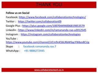 Follow us on Social
Facebook: https://www.facebook.com/collaborationtechnologies/
Twitter : https://twitter.com/collaboration09
Google Plus : https://plus.google.com/100704494006819853579
LinkedIn : https://www.linkedin.com/in/ramananda-rao-a2012545
Instagram : https://instagram.com/collaborationtechnologies
YouTube :
https://www.youtube.com/channel/UCm9nK56LRbWSqcYWbzs8CUg
Skype : facebook:ramananda.rao.7
WhatsApp : +91 9886272445
www.collaborationtech.co.in
THANK YOU
 