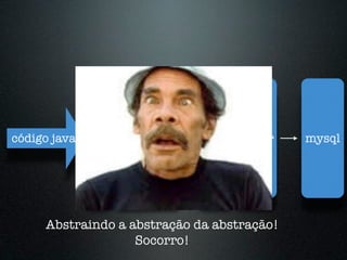 Hibernate
                 TopLink
código java JPA OpenJPA      JDBC driver    mysql
                EclipseLin
                     k



     Abstraindo a abstração da abstração!
                   Socorro!
 