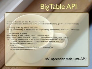 BigTable API
// Get a handle on the datastore itself
DatastoreService datastore = DatastoreServiceFactory.getDatastoreService();

// Lookup data by known key name
Entity userEntity = datastore.get(KeyFactory.createKey("UserInfo", email));

// Or perform a query
Query query = new Query("Task", userEntity);
query.addFilter("dueDate", Query.FilterOperator.LESS_THAN, today);
for (Entity taskEntity : datastore.prepare(query).asIterable()) {
  if ("done".equals(taskEntity.getProperty("status"))) {
    datastore.delete(taskEntity);
  } else {
    taskEntity.setProperty("status", "overdue");
    datastore.put(taskEntity);
  }
}



                                      “só” aprender mais uma API!
 