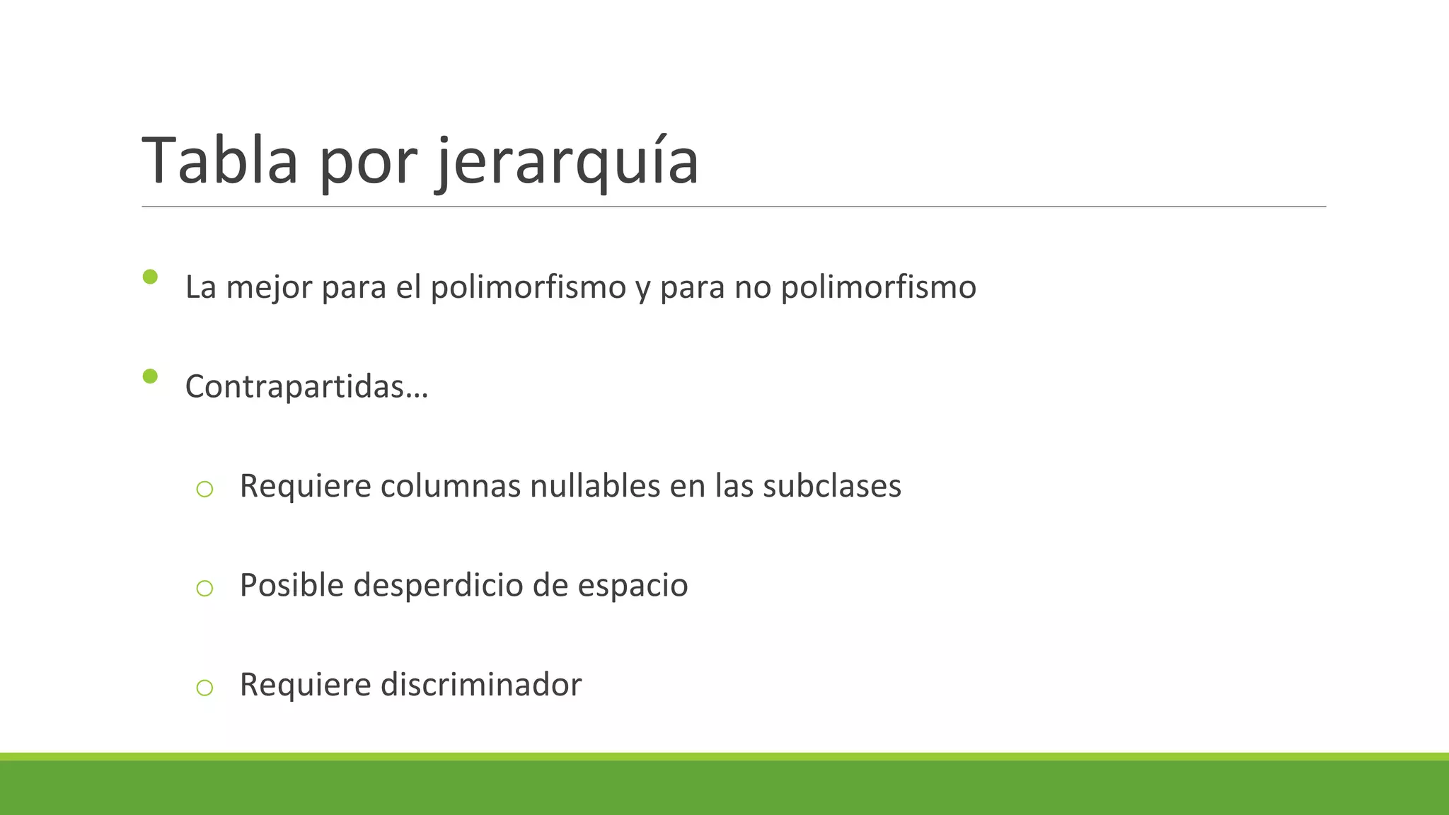 Tabla por jerarquía
•

La mejor para el polimorfismo y para no polimorfismo

•

Contrapartidas…

o Requiere columnas nullables en las subclases
o Posible desperdicio de espacio
o Requiere discriminador

 