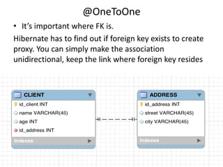 @OneToOne
• It’s important where FK is.
Hibernate has to find out if foreign key exists to create
proxy. You can simply make the association
unidirectional, keep the link where foreign key resides
 
