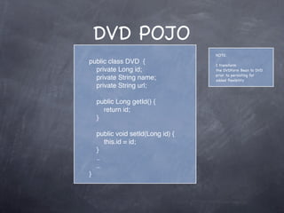 DVD POJO
public class DVD {
private Long id;
private String name;
private String url;
public Long getId() {
return id;
}
p...