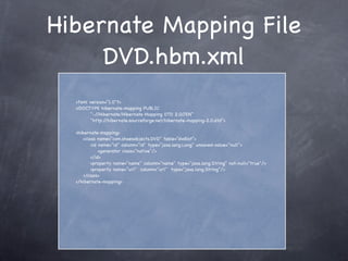 Hibernate Mapping File
DVD.hbm.xml
<?xml version="1.0"?>
<!DOCTYPE hibernate-mapping PUBLIC
"-//Hibernate/Hibernate Mappin...