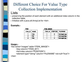 Different Choice For Value Type  Collection Implementation  Lists :- preserving the position of each element with an additional index column in the collection table. :- Initialize with a java.util.ArrayList for <list>. Example:- Usage:- <list name=“images" table="ITEM_IMAGE">   <key column="ITEM_ID"/>   <list-index column="POSITION"/>   <element type="string" column=“FILENAME" not-null="true"/> </list> 
