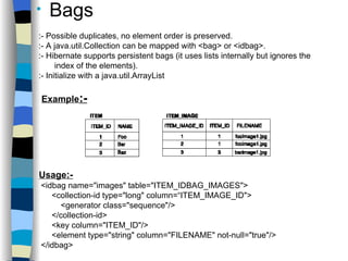 Bags :- Possible duplicates, no element order is preserved. :- A java.util.Collection can be mapped with <bag> or <idbag>. :- Hibernate supports persistent bags (it uses lists internally but ignores the index of the elements). :- Initialize with a java.util.ArrayList Example :-   Usage :- <idbag name="images" table="ITEM_IDBAG_IMAGES">   <collection-id type="long" column=“ITEM_IMAGE_ID">   <generator class="sequence"/>   </collection-id>   <key column="ITEM_ID"/>   <element type="string" column="FILENAME" not-null="true"/> </idbag> 