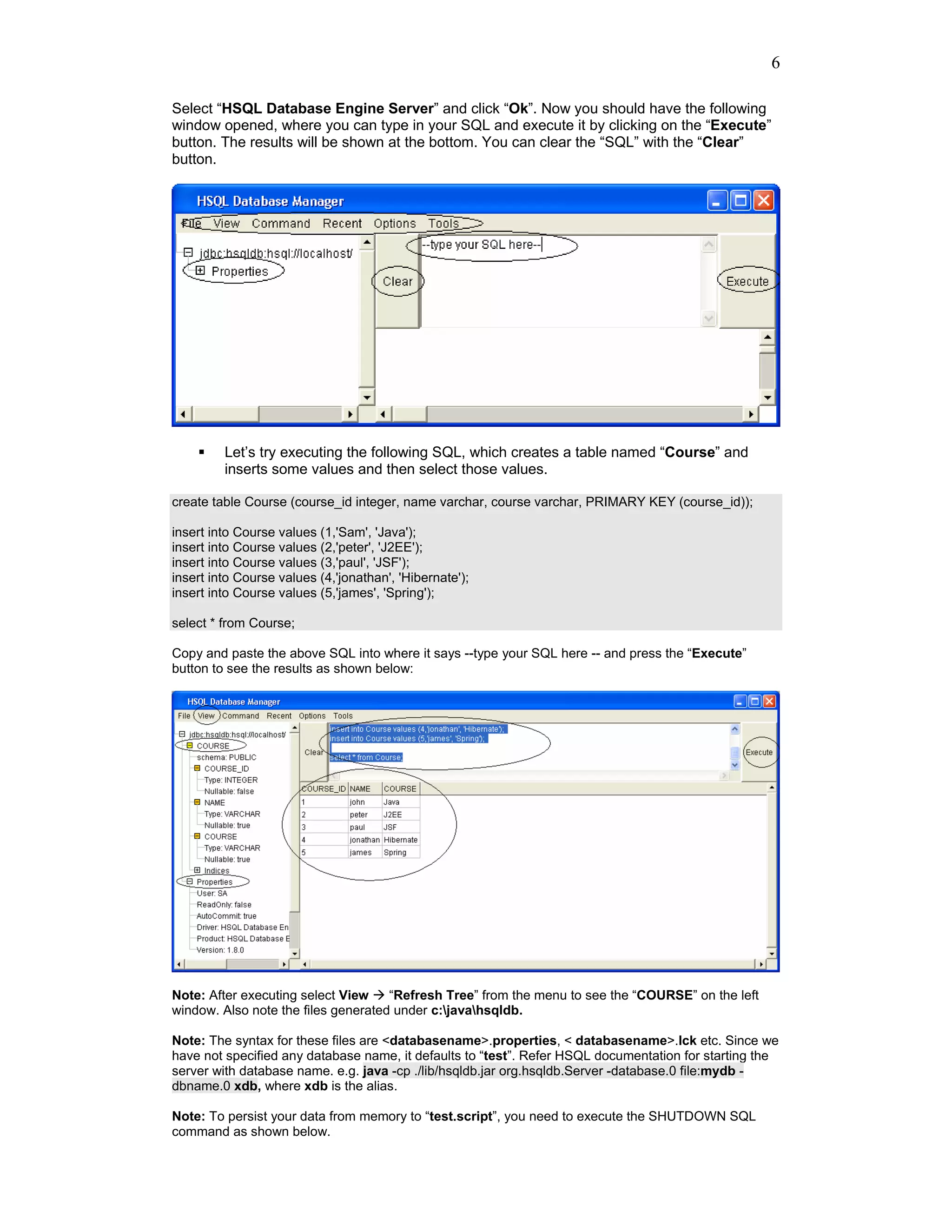 6

Select “HSQL Database Engine Server” and click “Ok”. Now you should have the following
window opened, where you can type in your SQL and execute it by clicking on the “Execute”
button. The results will be shown at the bottom. You can clear the “SQL” with the “Clear”
button.




         Let’s try executing the following SQL, which creates a table named “Course” and
         inserts some values and then select those values.

create table Course (course_id integer, name varchar, course varchar, PRIMARY KEY (course_id));

insert into Course values (1,'Sam', 'Java');
insert into Course values (2,'peter', 'J2EE');
insert into Course values (3,'paul', 'JSF');
insert into Course values (4,'jonathan', 'Hibernate');
insert into Course values (5,'james', 'Spring');

select * from Course;

Copy and paste the above SQL into where it says --type your SQL here -- and press the “Execute”
button to see the results as shown below:




Note: After executing select View    “Refresh Tree” from the menu to see the “COURSE” on the left
window. Also note the files generated under c:javahsqldb.

Note: The syntax for these files are <databasename>.properties, < databasename>.lck etc. Since we
have not specified any database name, it defaults to “test”. Refer HSQL documentation for starting the
server with database name. e.g. java -cp ./lib/hsqldb.jar org.hsqldb.Server -database.0 file:mydb -
dbname.0 xdb, where xdb is the alias.

Note: To persist your data from memory to “test.script”, you need to execute the SHUTDOWN SQL
command as shown below.
 