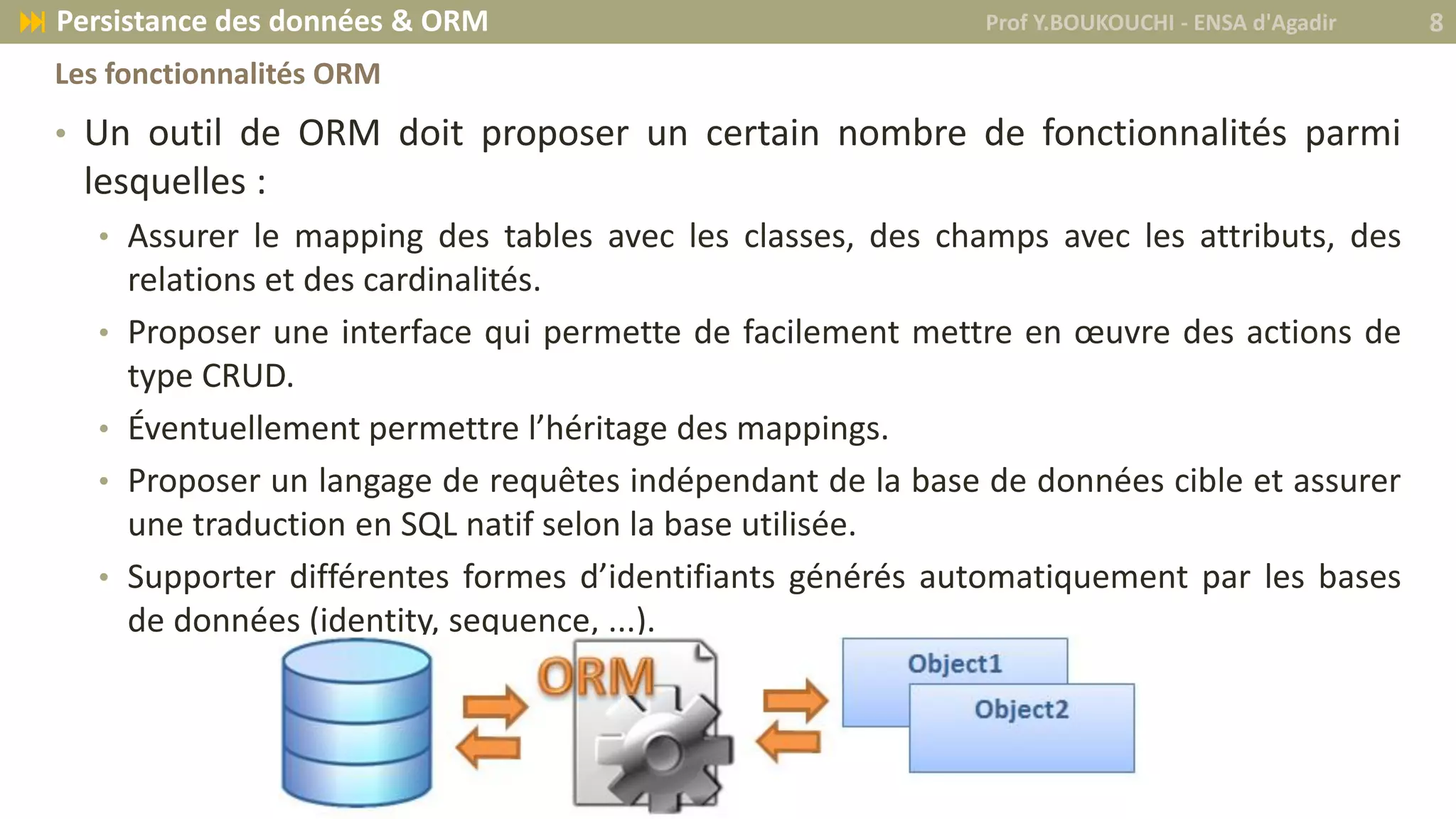 • Un outil de ORM doit proposer un certain nombre de fonctionnalités parmi
lesquelles :
• Assurer le mapping des tables avec les classes, des champs avec les attributs, des
relations et des cardinalités.
• Proposer une interface qui permette de facilement mettre en œuvre des actions de
type CRUD.
• Éventuellement permettre l’héritage des mappings.
• Proposer un langage de requêtes indépendant de la base de données cible et assurer
une traduction en SQL natif selon la base utilisée.
• Supporter différentes formes d’identifiants générés automatiquement par les bases
de données (identity, sequence, ...).
Prof Y.BOUKOUCHI - ENSA d'Agadir 8 Persistance des données & ORM
Les fonctionnalités ORM
 