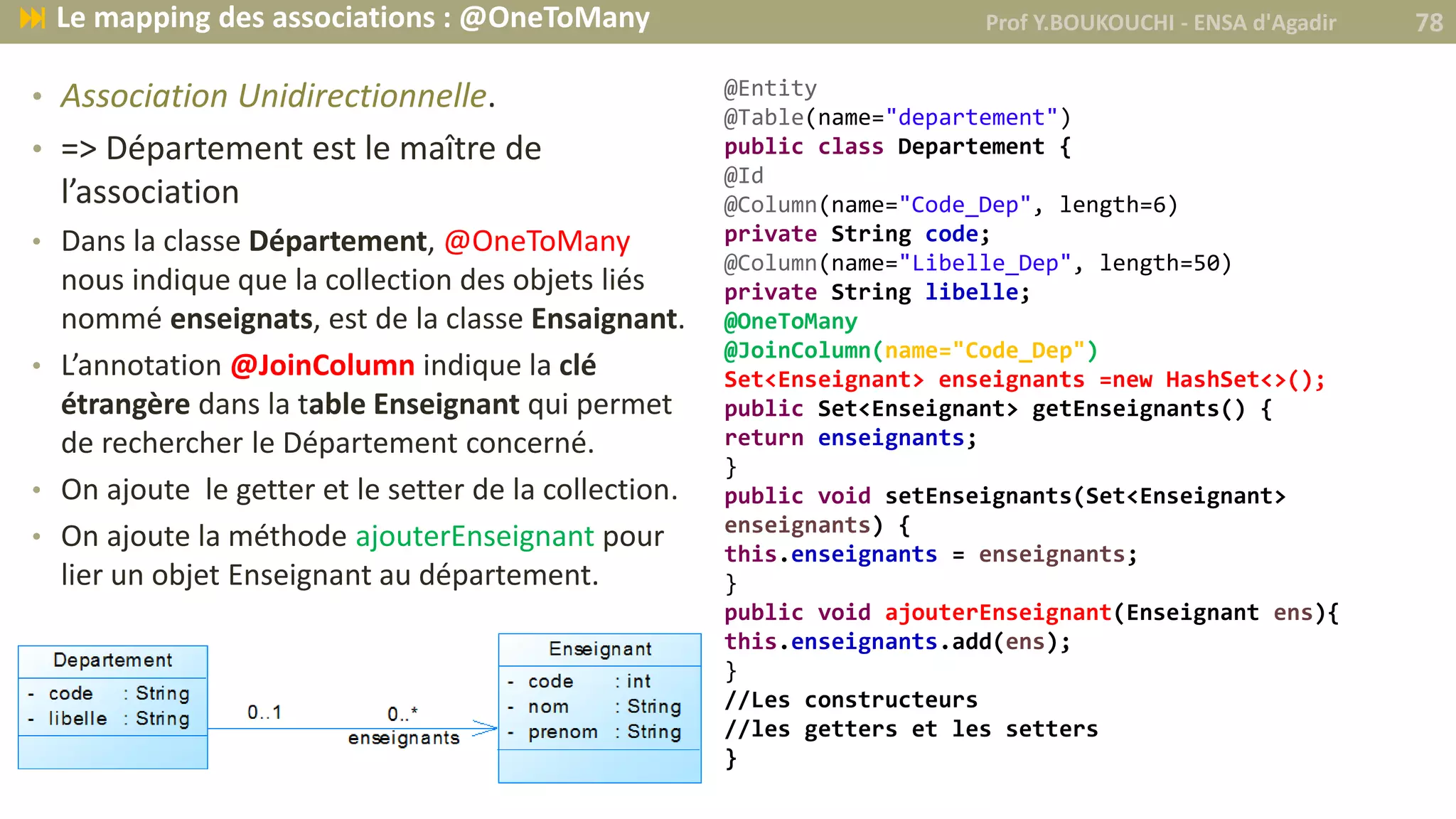 • Association Unidirectionnelle.
• => Département est le maître de
l’association
• Dans la classe Département, @OneToMany
nous indique que la collection des objets liés
nommé enseignats, est de la classe Ensaignant.
• L’annotation @JoinColumn indique la clé
étrangère dans la table Enseignant qui permet
de rechercher le Département concerné.
• On ajoute le getter et le setter de la collection.
• On ajoute la méthode ajouterEnseignant pour
lier un objet Enseignant au département.
@Entity
@Table(name="departement")
public class Departement {
@Id
@Column(name="Code_Dep", length=6)
private String code;
@Column(name="Libelle_Dep", length=50)
private String libelle;
@OneToMany
@JoinColumn(name="Code_Dep")
Set<Enseignant> enseignants =new HashSet<>();
public Set<Enseignant> getEnseignants() {
return enseignants;
}
public void setEnseignants(Set<Enseignant>
enseignants) {
this.enseignants = enseignants;
}
public void ajouterEnseignant(Enseignant ens){
this.enseignants.add(ens);
}
//Les constructeurs
//les getters et les setters
}
Prof Y.BOUKOUCHI - ENSA d'Agadir 78 Le mapping des associations : @OneToMany
 