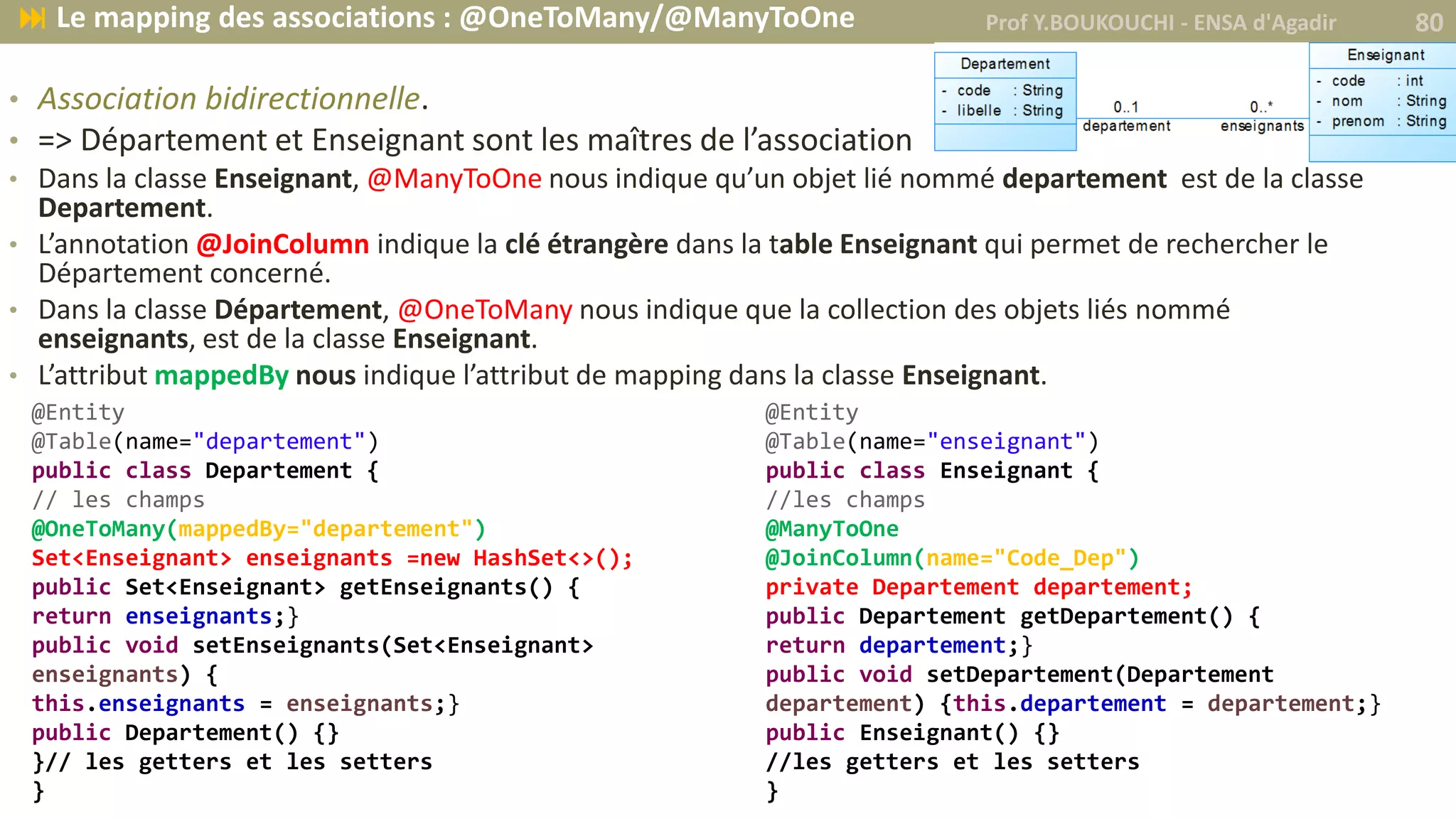 • Association bidirectionnelle.
• => Département et Enseignant sont les maîtres de l’association
• Dans la classe Enseignant, @ManyToOne nous indique qu’un objet lié nommé departement est de la classe
Departement.
• L’annotation @JoinColumn indique la clé étrangère dans la table Enseignant qui permet de rechercher le
Département concerné.
• Dans la classe Département, @OneToMany nous indique que la collection des objets liés nommé
enseignants, est de la classe Enseignant.
• L’attribut mappedBy nous indique l’attribut de mapping dans la classe Enseignant.
@Entity
@Table(name="enseignant")
public class Enseignant {
//les champs
@ManyToOne
@JoinColumn(name="Code_Dep")
private Departement departement;
public Departement getDepartement() {
return departement;}
public void setDepartement(Departement
departement) {this.departement = departement;}
public Enseignant() {}
//les getters et les setters
}
@Entity
@Table(name="departement")
public class Departement {
// les champs
@OneToMany(mappedBy="departement")
Set<Enseignant> enseignants =new HashSet<>();
public Set<Enseignant> getEnseignants() {
return enseignants;}
public void setEnseignants(Set<Enseignant>
enseignants) {
this.enseignants = enseignants;}
public Departement() {}
}// les getters et les setters
}
Prof Y.BOUKOUCHI - ENSA d'Agadir 80 Le mapping des associations : @OneToMany/@ManyToOne
 