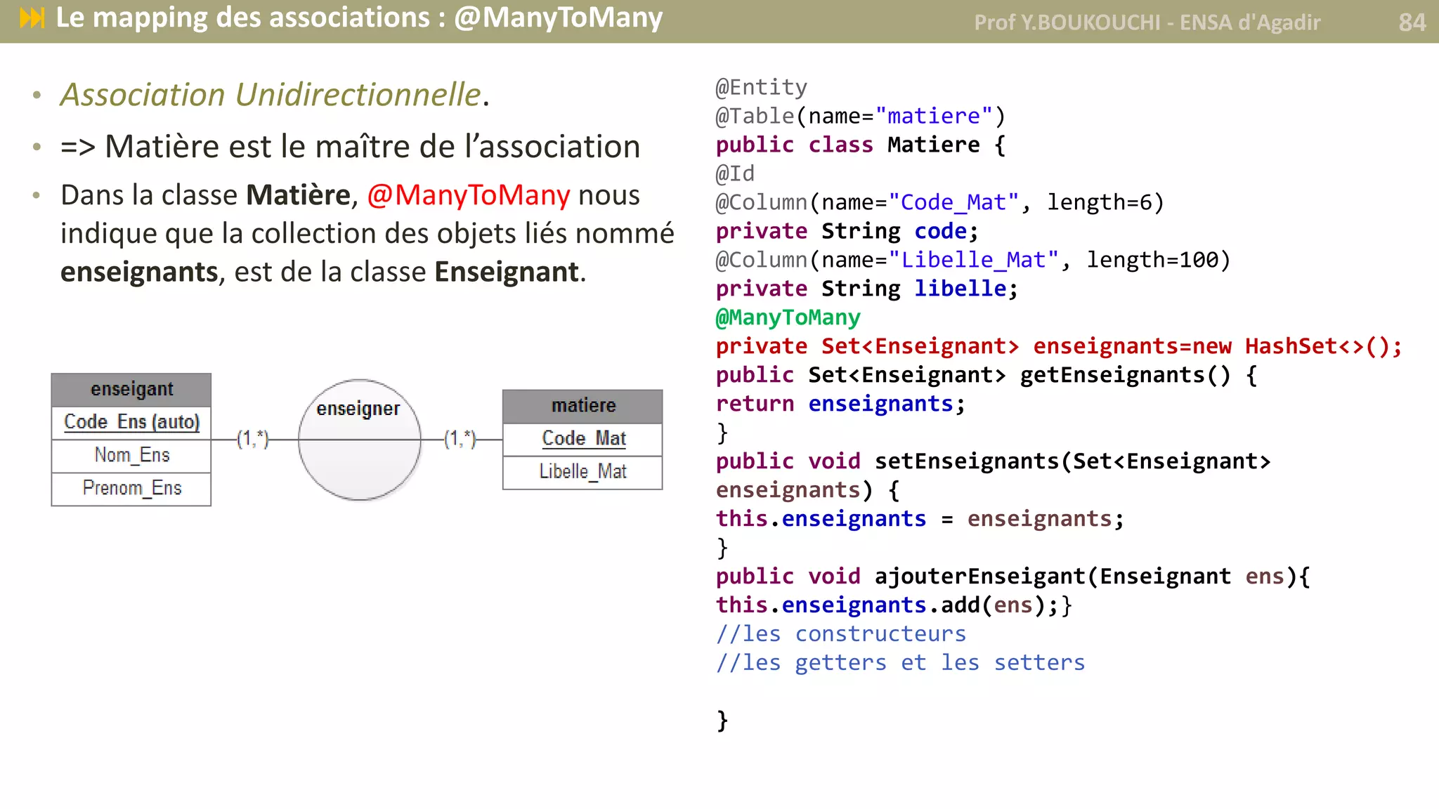 • Association Unidirectionnelle.
• => Matière est le maître de l’association
• Dans la classe Matière, @ManyToMany nous
indique que la collection des objets liés nommé
enseignants, est de la classe Enseignant.
@Entity
@Table(name="matiere")
public class Matiere {
@Id
@Column(name="Code_Mat", length=6)
private String code;
@Column(name="Libelle_Mat", length=100)
private String libelle;
@ManyToMany
private Set<Enseignant> enseignants=new HashSet<>();
public Set<Enseignant> getEnseignants() {
return enseignants;
}
public void setEnseignants(Set<Enseignant>
enseignants) {
this.enseignants = enseignants;
}
public void ajouterEnseigant(Enseignant ens){
this.enseignants.add(ens);}
//les constructeurs
//les getters et les setters
}
Prof Y.BOUKOUCHI - ENSA d'Agadir 84 Le mapping des associations : @ManyToMany
 