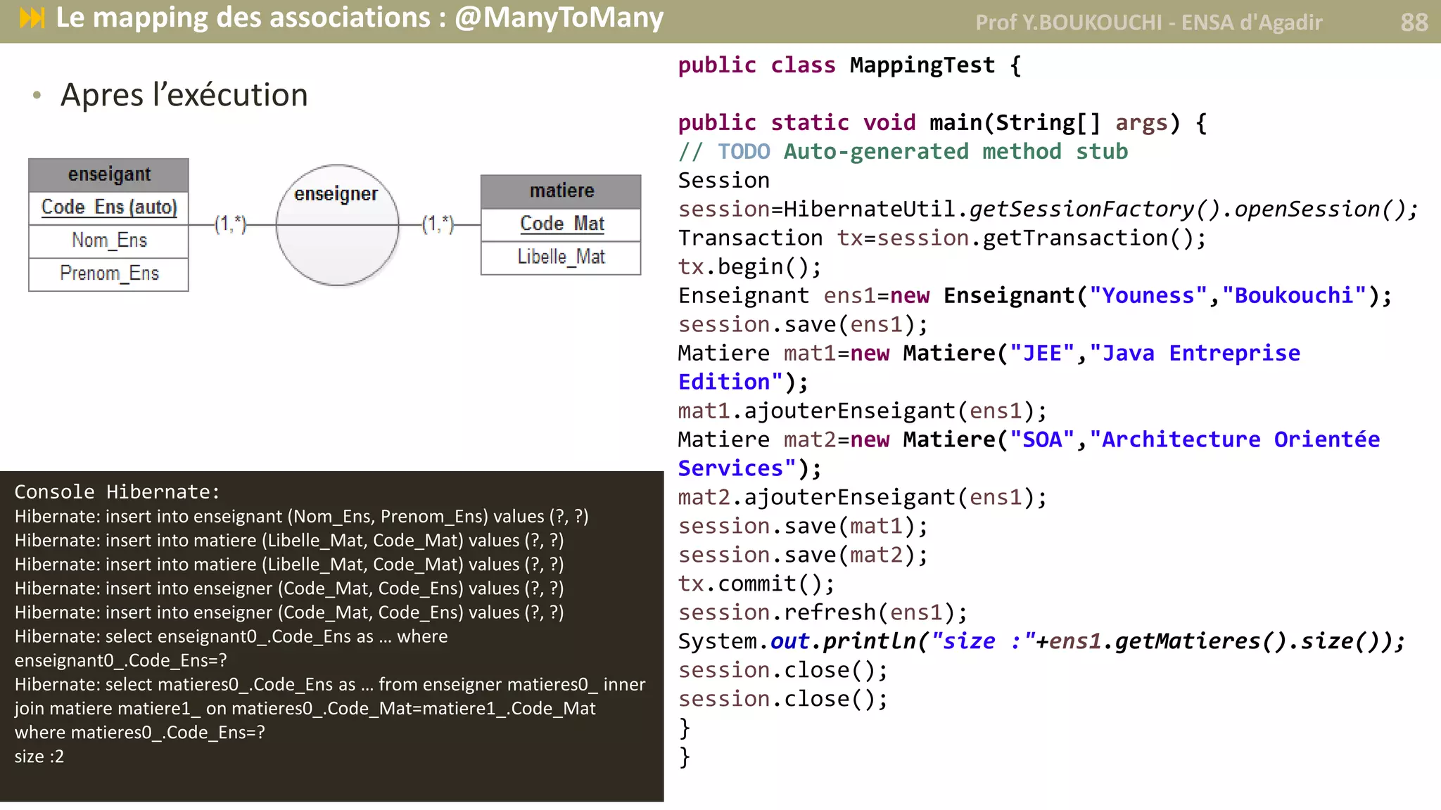 • Apres l’exécution
Console Hibernate:
Hibernate: insert into enseignant (Nom_Ens, Prenom_Ens) values (?, ?)
Hibernate: insert into matiere (Libelle_Mat, Code_Mat) values (?, ?)
Hibernate: insert into matiere (Libelle_Mat, Code_Mat) values (?, ?)
Hibernate: insert into enseigner (Code_Mat, Code_Ens) values (?, ?)
Hibernate: insert into enseigner (Code_Mat, Code_Ens) values (?, ?)
Hibernate: select enseignant0_.Code_Ens as … where
enseignant0_.Code_Ens=?
Hibernate: select matieres0_.Code_Ens as … from enseigner matieres0_ inner
join matiere matiere1_ on matieres0_.Code_Mat=matiere1_.Code_Mat
where matieres0_.Code_Ens=?
size :2
public class MappingTest {
public static void main(String[] args) {
// TODO Auto-generated method stub
Session
session=HibernateUtil.getSessionFactory().openSession();
Transaction tx=session.getTransaction();
tx.begin();
Enseignant ens1=new Enseignant("Youness","Boukouchi");
session.save(ens1);
Matiere mat1=new Matiere("JEE","Java Entreprise
Edition");
mat1.ajouterEnseigant(ens1);
Matiere mat2=new Matiere("SOA","Architecture Orientée
Services");
mat2.ajouterEnseigant(ens1);
session.save(mat1);
session.save(mat2);
tx.commit();
session.refresh(ens1);
System.out.println("size :"+ens1.getMatieres().size());
session.close();
session.close();
}
}
Prof Y.BOUKOUCHI - ENSA d'Agadir 88 Le mapping des associations : @ManyToMany
 