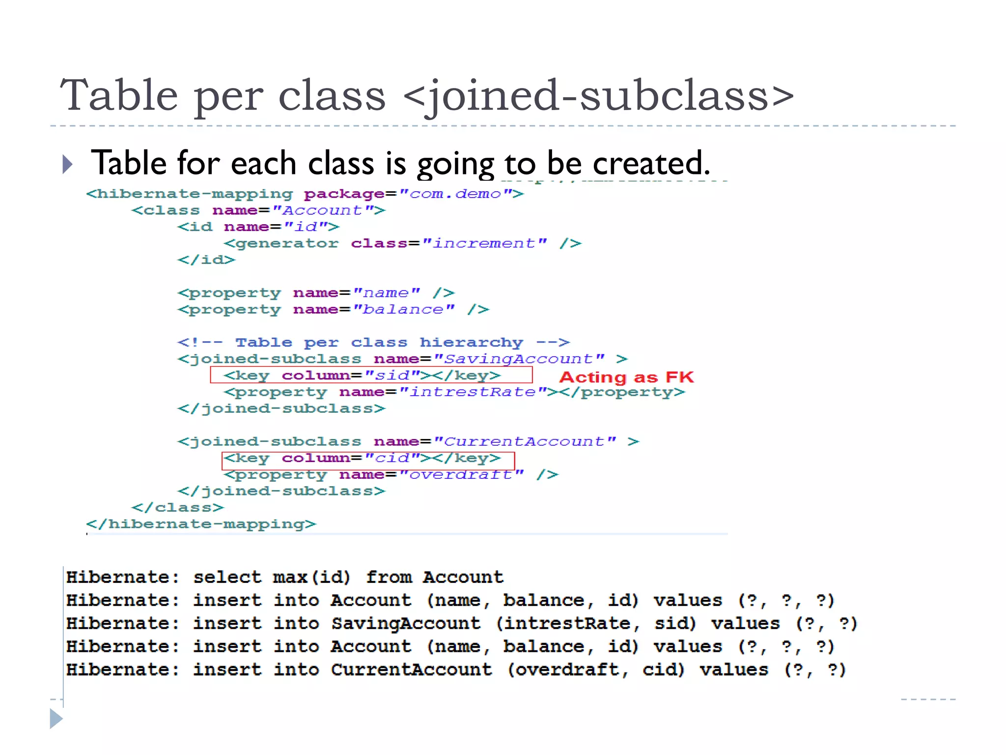 Table per class <joined-subclass>
   Table for each class is going to be created.
 
