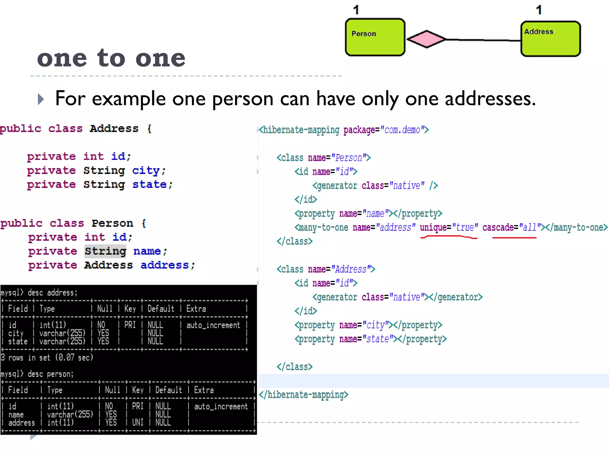 one to one
   For example one person can have only one addresses.
 