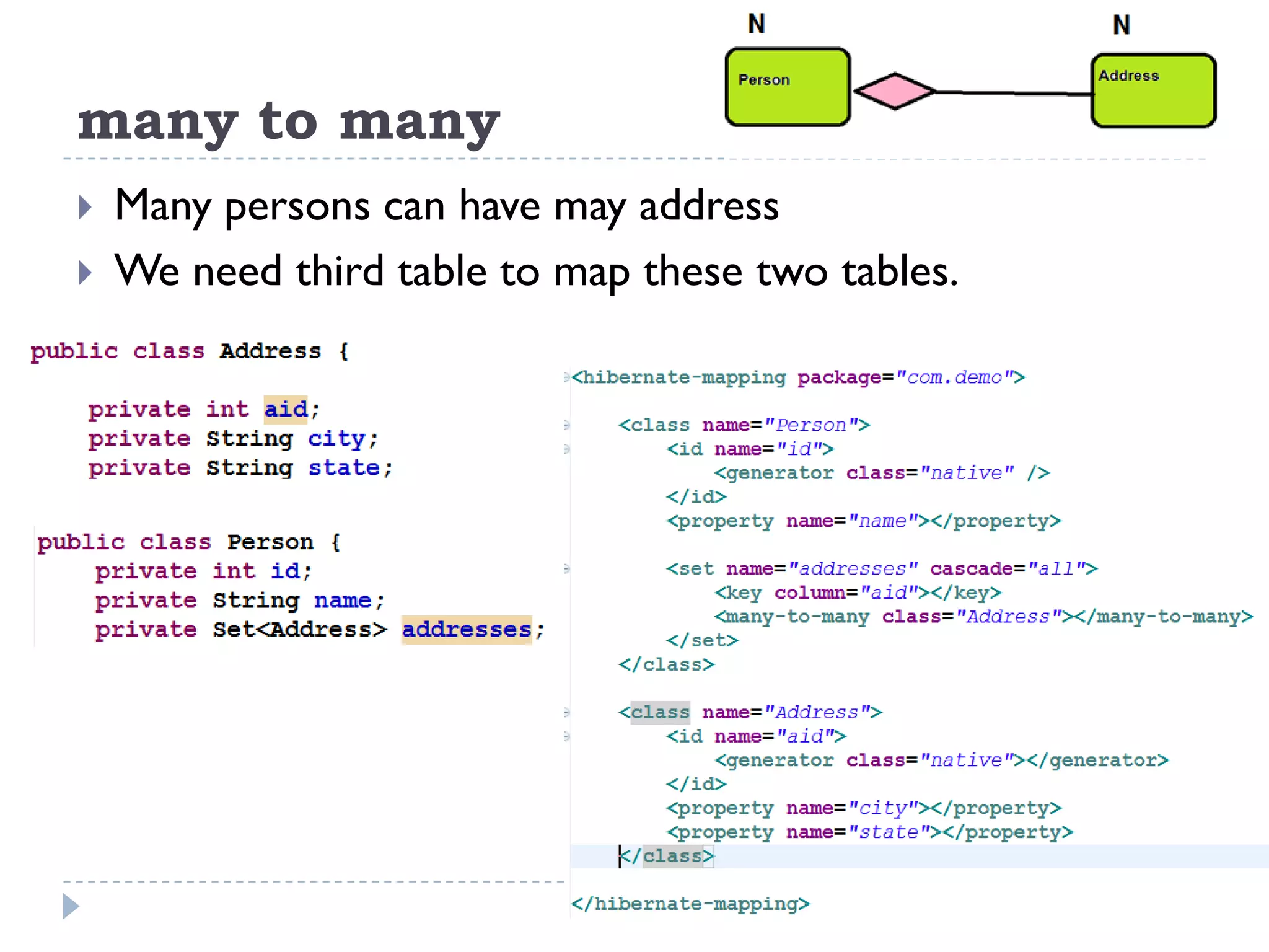 many to many
   Many persons can have may address
   We need third table to map these two tables.
 