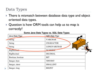 Data Types
   There is mismatch between database data type and object
    oriented data types.
   Question is how ORM tools can help us to map is
    correctly?
 