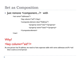 Set as Composition
   Just remove <component.../> with
          <set name="addresses">
                     <key column="aid"></key>
                     <composite-element class="Address">
                               <property name="city"></property>
                               <property name="state"></property>
                     </composite-element>
          </set>


Why?
<key column="aid“/>
As one person has N address, we need to have seperate table with name addresses and fk =aid
   that is same as id of person
 