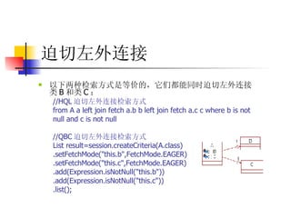 迫切左外连接  以下两种检索方式是等价的，它们都能同时迫切左外连接类 B 和类 C ：  //HQL 迫切左外连接检索方式  from A a left join fetch a.b b left join fetch a.c c where b is not  null and c is not null  //QBC 迫切左外连接检索方式   List result=session.createCriteria(A.class)  .setFetchMode("this.b",FetchMode.EAGER)  .setFetchMode("this.c",FetchMode.EAGER)  .add(Expression.isNotNull("this.b"))  .add(Expression.isNotNull("this.c"))  .list(); 迫切左外连接  