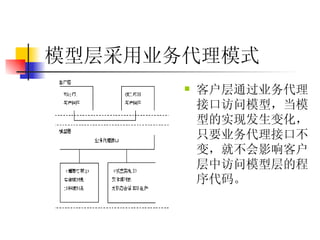 模型层采用业务代理模式   客户层通过业务代理接口访问模型，当模型的实现发生变化，只要业务代理接口不变，就不会影响客户层中访问模型层的程序代码。   
