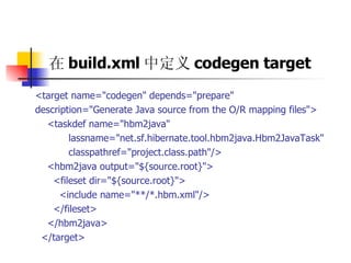 在 build.xml 中定义 codegen target   <target name="codegen" depends="prepare"  description="Generate Java source from the O/R mapping files">  <taskdef name="hbm2java"  lassname="net.sf.hibernate.tool.hbm2java.Hbm2JavaTask"  classpathref="project.class.path"/>  <hbm2java output="${source.root}">  <fileset dir="${source.root}">  <include name="**/*.hbm.xml"/>  </fileset>  </hbm2java>  </target> 
