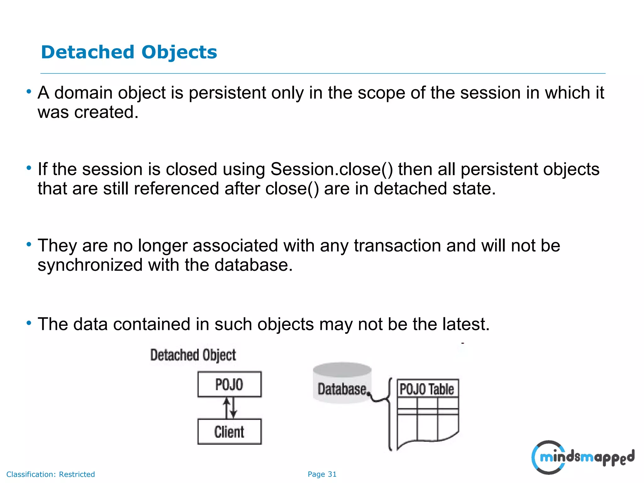Page 31Classification: Restricted
Detached Objects
• A domain object is persistent only in the scope of the session in which it
was created.
• If the session is closed using Session.close() then all persistent objects
that are still referenced after close() are in detached state.
• They are no longer associated with any transaction and will not be
synchronized with the database.
• The data contained in such objects may not be the latest.
 