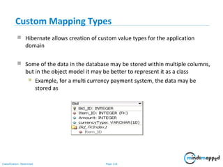 Page 116Classification: Restricted
Custom Mapping Types
 Hibernate allows creation of custom value types for the application
domain
 Some of the data in the database may be stored within multiple columns,
but in the object model it may be better to represent it as a class
 Example, for a multi currency payment system, the data may be
stored as
 