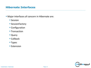 Page 15Classification: Restricted
Hibernate Interfaces
• Major interfaces of concern in Hibernate are:
• Session
• SessionFactory
• Configuration
• Transaction
• Query
• Callback
• Types
• Extension
 