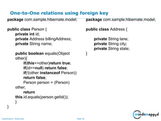 Page 50Classification: Restricted
One-to-One relations using foreign key
package com.sample.hibernate.model;
public class Person {
private int id;
private Address billingAddress;
private String name;
public boolean equals(Object
other){
if(this==other)return true;
if(id==null) return false;
if(!(other instanceof Person))
return false;
Person person = (Person)
other;
return
this.id.equals(person.getId());
}
}
package com.sample.hibernate.model;
public class Address {
private String lane;
private String city;
private String state;
}
 