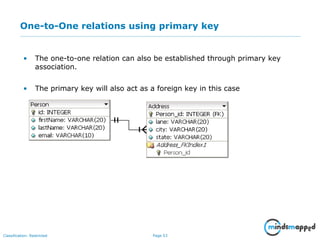Page 53Classification: Restricted
One-to-One relations using primary key
• The one-to-one relation can also be established through primary key
association.
• The primary key will also act as a foreign key in this case
 