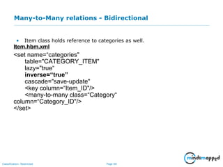 Page 60Classification: Restricted
Many-to-Many relations - Bidirectional
• Item class holds reference to categories as well.
Item.hbm.xml
<set name=“categories"
table="CATEGORY_ITEM"
lazy="true“
inverse=“true”
cascade="save-update"
<key column=“Item_ID"/>
<many-to-many class=“Category“
column=“Category_ID"/>
</set>
 