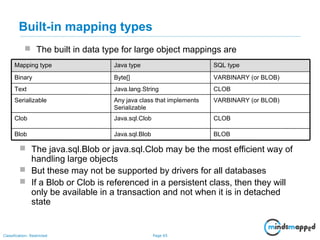 Page 65Classification: Restricted
Built-in mapping types
 The built in data type for large object mappings are
BLOBJava.sql.BlobBlob
CLOBJava.sql.ClobClob
VARBINARY (or BLOB)Any java class that implements
Serializable
Serializable
CLOBJava.lang.StringText
VARBINARY (or BLOB)Byte[]Binary
SQL typeJava typeMapping type
 The java.sql.Blob or java.sql.Clob may be the most efficient way of
handling large objects
 But these may not be supported by drivers for all databases
 If a Blob or Clob is referenced in a persistent class, then they will
only be available in a transaction and not when it is in detached
state
 