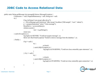Page 7Classification: Restricted
JDBC Code to Access Relational Data
Impact on an Audience
What you say How you SayWhat is seen
public static String getMessage (int messageId) throws MessageException {
Connection c = null; PreparedStatement p = null; String text = null;
try {
Class.forName(“com.mysql..jdbc.driver");
c = DriverManager.getConnection( "jdbc:mysql://localhost:3306/sample", “root", “admin");
p = c.prepareStatement( "select * from message");
ResultSet rs = p.executeQuery();
while(rs.next()) {
text = rs.getString(1); }
return text;
} catch (Exception e) {
log.log(Level.SEVERE, "Could not acquire message", e);
throw new RunTimeException( "Failed to retrieve message from the database.", e);
} finally {
if (p != null) {
try {
p.close();
} catch (SQLException e) {
log.log(Level.WARNING, "Could not close ostensibly open statement.", e);
}
} if (c != null) {
try {
c.close();
} catch (SQLException e) {
log.log(Level.WARNING, "Could not close ostensibly open connection.", e);
}
}
}
}
 