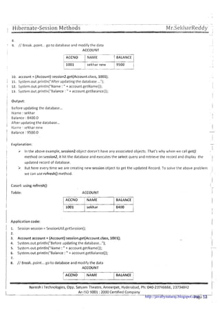 ~ - -- . ---- --- --- . .- . ... .. -- - . - ~ . ~- .-.
I Hibernate-Session Methods Mr.Sel<hal-Reddv 1
8.
I
9. // Break..point... go to database and modify the data
ACCOUNT
1 1001 sekhar new 9500 1
I I I
10. account = (Account) session2.get(Account.class, 1001);
I 11. System.out.println("After updating the database ...");
I 12. System.out.println("Name :" + account.getName());
'
13. System.out.println("Balance : " + account.getBalance());
1
I I
I Output:I
j Before updating the database...
/ IVame : sekhar
; Balance : 8400.0
:
After updating the database...
' Name : jekhar new
I Balance :9500.0
i Explanation:
i
! r In the above example, session2 object doesn't have any associated objects. That's why when we call get()
I method on session2, it hit the database and executes the select query and retrieve the record and display the
Ii updated record of database.
i i But here every time we are creating new session object to get the updated Record. To solve the above problem 1
I
1 we can use refresh() method.
Case4: using refresh()
Table:
1
I
ACCOUNT
1 ACCNO ) NAME / BALANCE 1
I I
I 1001 / sekhar 1 8400
I Application code:
1 I/ 1. Session session = SessionUtil.getSession();
I ::Account account = (Account) session.get(Account.cIass, 1001);
4. System.out.println("Before updating the database...");
5. System.out.println("Name :" + account.getName());
6. System.out.println("Balance :" + account.getBalance());
8. // Break..point...go t o database and modify the data
ACCOUNT
1 Naresh iTechnologies, Opp. Satyam Theatre, Ameerpet, Hyderabad, Ph: 040-23746666, 23734842 I
ACCNO
I An I S 0 9001 :2000 Certified Com~anv I,
I_
. .-- I
Page 13
INAME BALANCE
http://javabynataraj.blogspot.com 52
 