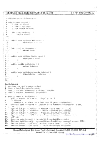 . . . . . - .. . ~ -.,
I Hibernate-Multi Database C o ~ ~ ~ ~ ~ ~ u i ~ i c a t i o n- ....-..- - --- By--Mr. SeltharReddy - -1- , - . . -- I
,,I
1 . package corn.ne2. hibernate. i-c;
2 .
3 . p u b l i c c l a s s Account {
4. p r i v a t e i n t accno;
5 . p r i v a t e S t r i n g n a m ? ;
: 6 . p r i v a t e double balance;
7 .
8 . p u b l i c i n t gethccno ( ) i
1 9 . r e t u r n accno;i
1 0 .
i 1 1 .
/ 1 2 . p u b l i c void set,?ccnc ( i n t ?:cn.:?) :
1 3 . t h i s .accno = -::I::: ;
1 4 . ?
; 1 5 .
1 1 6 . p u b l i c S t r i n g getName() {
1 1 7 . r e t u r n name;
1 1 8 . )
1 9 .
: 2 0 . p u b l i c void setName ( S t r i n g nan~ej {
j 2 1 . this.name = nasa;
i 2 2 . 1
i 2 3 .
1 2 4 . p u b l i c double getBalance0 (
! 2 5 . r e t u r n belance;
i 2 6 . 1
i 2 7 .
j 2 8 . p m l i c void setBalance (double iialance) i
i 2 9 . t h i s . balance = halance;
1 3 0 . 1
: 3 1 .
1 3 2 . )
PracticeDao.iava
1. package com.neo.hib?rnate.dao;
2 . import 0rg:hibernate. Sessj-on;
3. import com.neo.hibernate.util.SessionUti1;
4. import com.neo.hibernate.vo,Account;
5 .
6 . public class PracticeDao {
7 . public static void main(String [I args) {
8. / / Oracle
9. Session oraclesession = SessionUtil.getOracleSession();
1 0 . Account oracleAccount = (Account)oracleSession.get(Account.class,
11. 1001);
1 2 . System.out.println("Oracle Account table details . . . . " ) ;
1 3 . System.out.println ("Accno : "toracleAccount.getAccno ( ) ) ;
14. System.out.println("Name : "toracleAccount.getName());
1 5 . System.out.println("Ba1ance : "toracle~ccount.getBalance());
1 6 . //Mysql
1 7 . Session mysqlSesslon = SessionUtil.getMysqlSession();
1 8 . Account mysqlAccount= (Account)mysq1Session.get(Account.c1ass, 1001);
19. System.out.println("Mysq1 Account table details . . . . " ) ;
2 0 . System.out.println("Accno : "tmysqlAccount.getAccno());
1
1 Naresh iTechnologies, Opp. Satyam Theatre, Ameerpet, Hyderabad, Ph: 040-23746666, 23734842 1
I-.
An IS0 9001 : 2000 Certified Company--- --i
Page 6http://javabynataraj.blogspot.com 64
 
