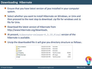 © People Strategists www.peoplestrategists.com Slide 25 of 45
Ensure that you have latest version of java installed in your computer
system.
Select whether you want to install Hibernate on Windows, or Unix and
then proceed to the next step to download .zip file for windows and .tz
file for Unix.
Download the latest version of Hibernate from
http://www.hibernate.org/downloads.
At present, hibernate-release-4.3.10.Final version of the
hibernate is available.
Unzip the downloaded file it will give you directory structure as follows.
Downloading Hibernate
 
