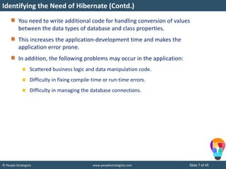 © People Strategists www.peoplestrategists.com Slide 7 of 45
You need to write additional code for handling conversion of values
between the data types of database and class properties.
This increases the application-development time and makes the
application error prone.
In addition, the following problems may occur in the application:
Scattered business logic and data manipulation code.
Difficulty in fixing compile-time or run-time errors.
Difficulty in managing the database connections.
Identifying the Need of Hibernate (Contd.)
 