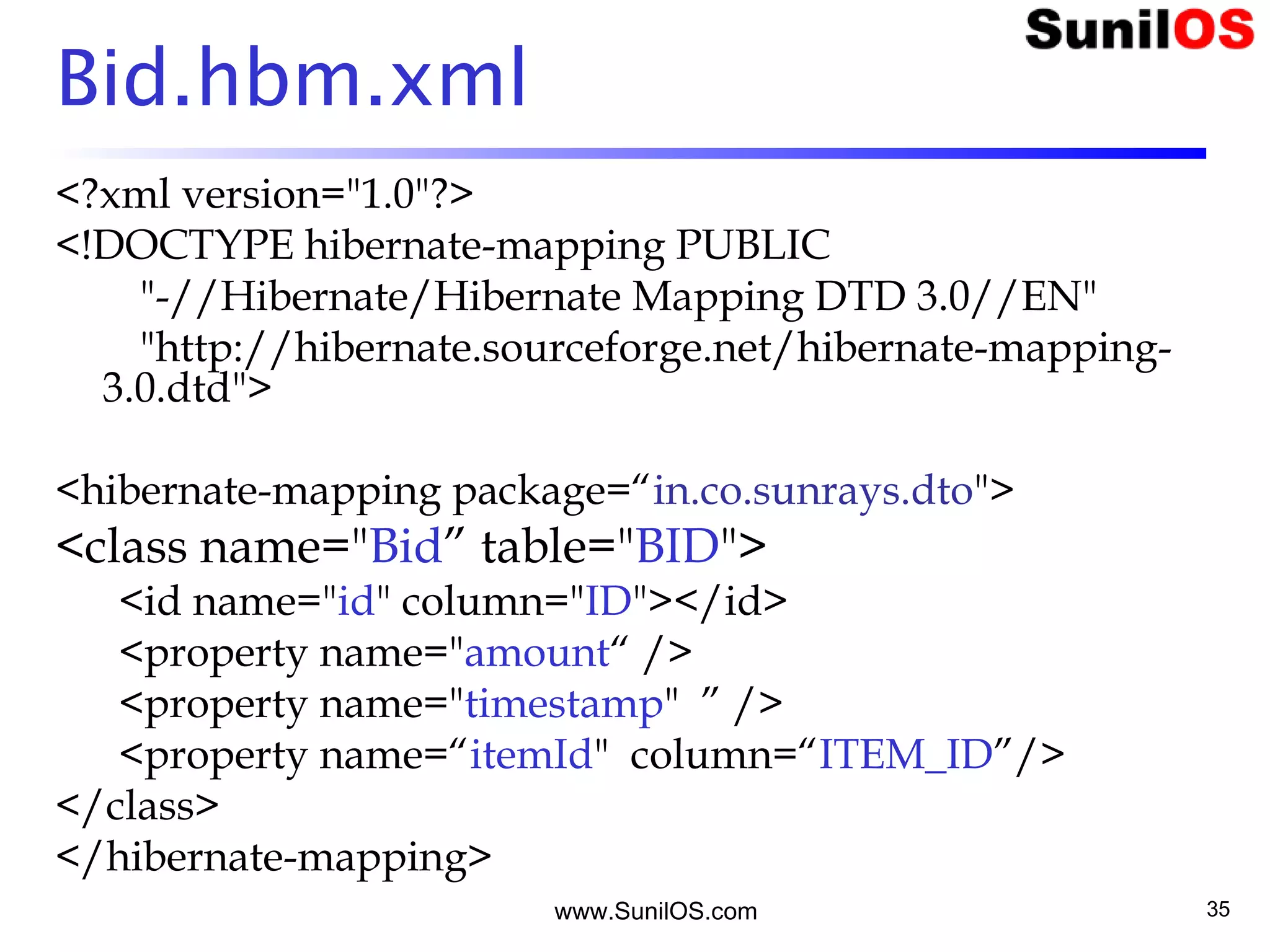 www.SunilOS.com 35
Bid.hbm.xml
<?xml version="1.0"?>
<!DOCTYPE hibernate-mapping PUBLIC
"-//Hibernate/Hibernate Mapping DTD 3.0//EN"
"http://hibernate.sourceforge.net/hibernate-mapping-
3.0.dtd">
<hibernate-mapping package=“in.co.sunrays.dto">
<class name="Bid” table="BID">
<id name="id" column="ID"></id>
<property name="amount“ />
<property name="timestamp" ” />
<property name=“itemId" column=“ITEM_ID”/>
</class>
</hibernate-mapping>
 