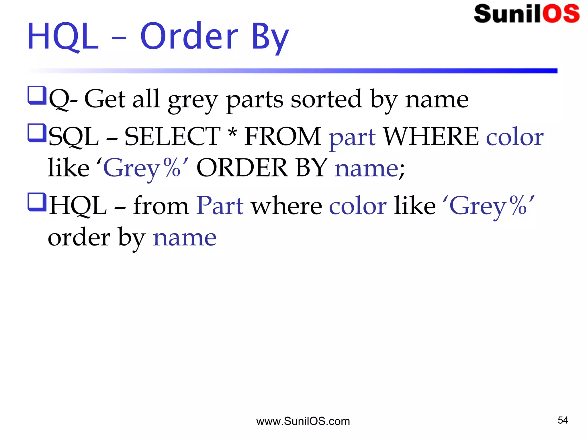 www.SunilOS.com 54
HQL – Order By
Q- Get all grey parts sorted by name
SQL – SELECT * FROM part WHERE color
like ‘Grey%’ ORDER BY name;
HQL – from Part where color like ‘Grey%’
order by name
 