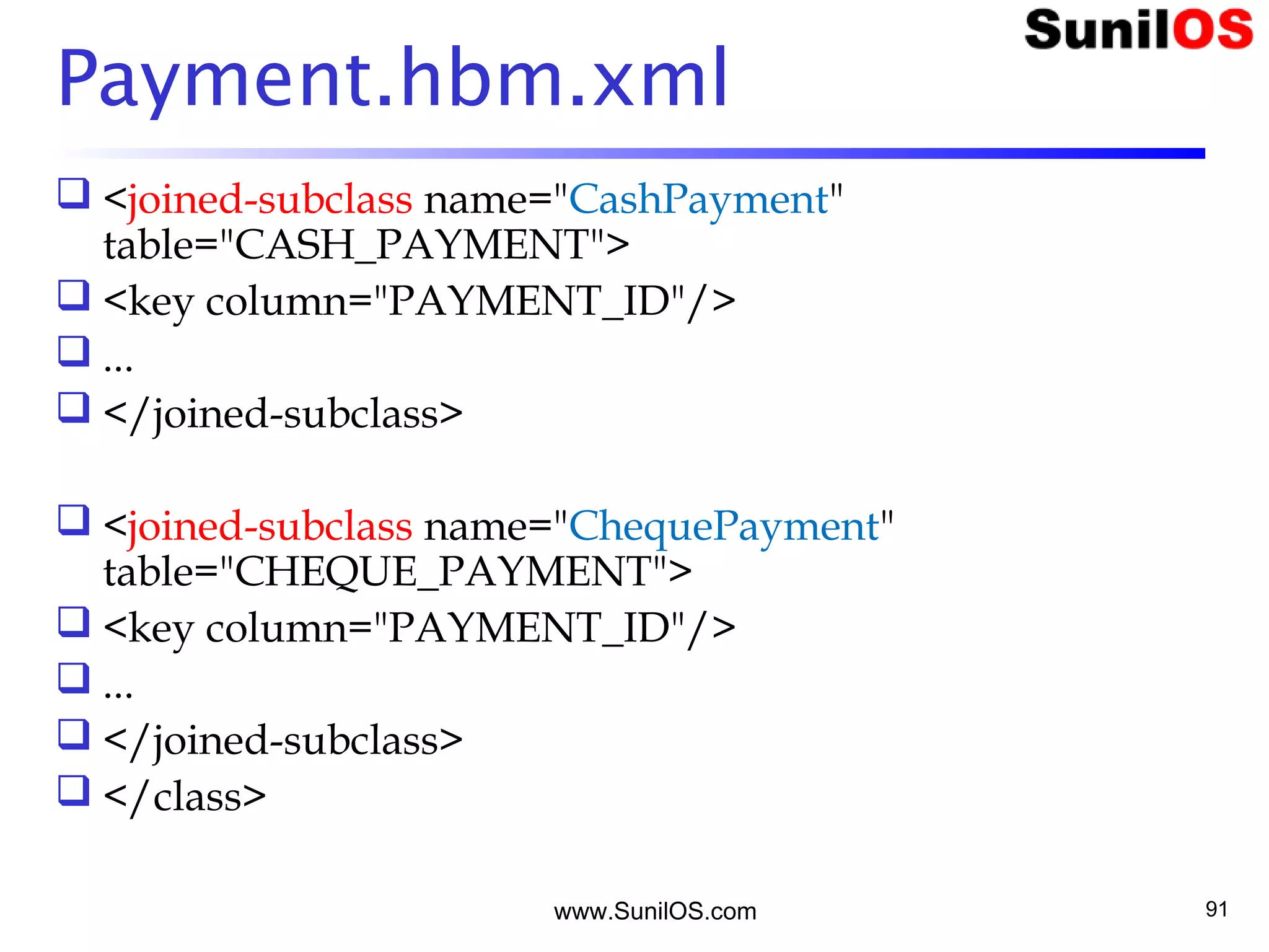 www.SunilOS.com 91
Payment.hbm.xml
 <joined-subclass name="CashPayment"
table="CASH_PAYMENT">
 <key column="PAYMENT_ID"/>
 ...
 </joined-subclass>
 <joined-subclass name="ChequePayment"
table="CHEQUE_PAYMENT">
 <key column="PAYMENT_ID"/>
 ...
 </joined-subclass>
 </class>
 