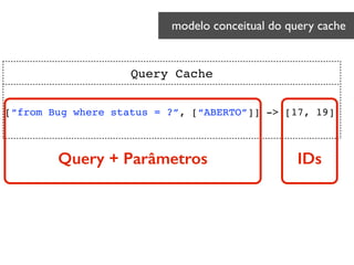 modelo conceitual do query cache 	

Query Cache
[“from Bug where status = ?”, [“ABERTO”]] -> [17, 19]
Query + Parâmetros IDs
 