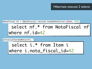 select nf.* from NotaFiscal nf
where nf.id=42
select i.* from Item i
where i.nota_fiscal_id=42
Hibernate executa 2 selects	

NotaFiscal	
  nf	
  =	
  (NotaFiscal)	
  session.load(NotaFiscal.class,	
  42);
processaItensDaNota(nf);
 
