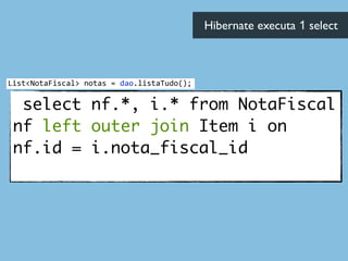 select nf.*, i.* from NotaFiscal
nf left outer join Item i on
nf.id = i.nota_fiscal_id 
Hibernate executa 1 select	

List<NotaFiscal>	
  notas	
  =	
  dao.listaTudo();
 