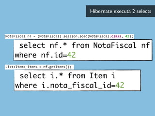 select nf.* from NotaFiscal nf
where nf.id=42
select i.* from Item i
where i.nota_fiscal_id=42
Hibernate executa 2 selects	

NotaFiscal	
  nf	
  =	
  (NotaFiscal)	
  session.load(NotaFiscal.class,	
  42);
List<Item>	
  itens	
  =	
  nf.getItens();
 