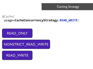 @Cache(	
  
usage=CacheConcurrencyStrategy.READ_WRITE)
Caching Strategy	

READ_ONLY
NONSTRICT_READ_WRITE
READ_WRITE
 