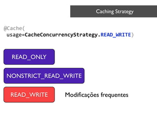 @Cache(	
  
usage=CacheConcurrencyStrategy.READ_WRITE)
Caching Strategy	

READ_ONLY
NONSTRICT_READ_WRITE
READ_WRITE Modiﬁcações frequentes
 