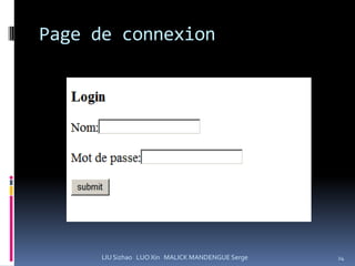 Page de connexion




      LIU Sizhao LUO Xin MALICK MANDENGUE Serge   24
 