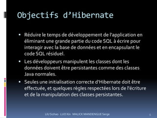 Objectifs d’Hibernate

 Réduire le temps de développement de l'application en
  éliminant une grande partie du code SQL à écrire pour
  interagir avec la base de données et en encapsulant le
  code SQL résiduel.
 Les développeurs manipulent les classes dont les
  données doivent être persistantes comme des classes
  Java normales.
 Seules une initialisation correcte d‘Hibernate doit être
  effectuée, et quelques règles respectées lors de l'écriture
  et de la manipulation des classes persistantes.


            LIU Sizhao LUO Xin MALICK MANDENGUE Serge           5
 