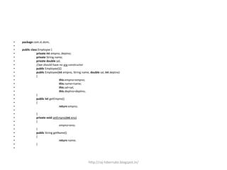 • package com.st.dom;
•
• public class Employee {
• private int empno, deptno;
• private String name;
• private double sal;
• //we should have no arg constructor
• public Employee(){}
• public Employee(int empno, String name, double sal, int deptno)
• {
• this.empno=empno;
• this.name=name;
• this.sal=sal;
• this.deptno=deptno;
• }
• public int getEmpno()
• {
• return empno;
•
• }
• private void setEmpno(int eno)
• {
• empno=eno;
• }
• public String getName()
• {
• return name;
• }
•
http://raj-hibernate.blogspot.in/
 